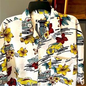 FERRUCHE Hawaiian Shirt men Large Classic Cars yellow red Hibiscus Bowling party